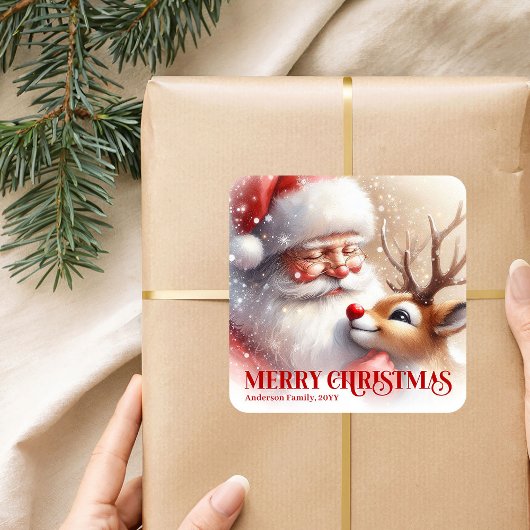 Santa and Rudolph Personalized Kids Christmas Labe Quadratischer Aufkleber