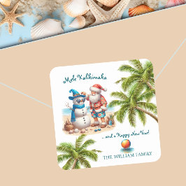 Santa and Snowman Mele Kalikimaka Christmas Quadratischer Aufkleber
