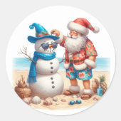 Santa and Snowman Tropical Island Christmas Runder Aufkleber (Vorderseite)