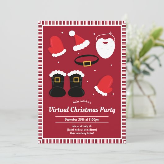 Santa Anzug Pieces Red Virtual Christmas Party Einladung (Stehend Vorderseite)