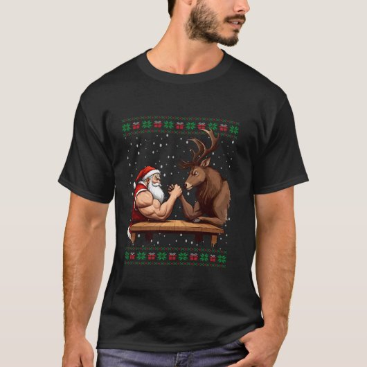 Santa Arm Wrestling Reindeer Ugly Christmas Sweate T-Shirt (Vorderseite)