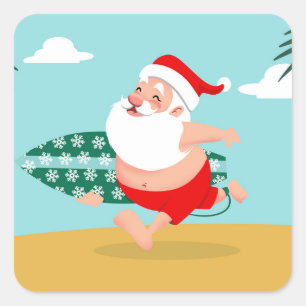 Santa at beach cartoon quadratischer aufkleber