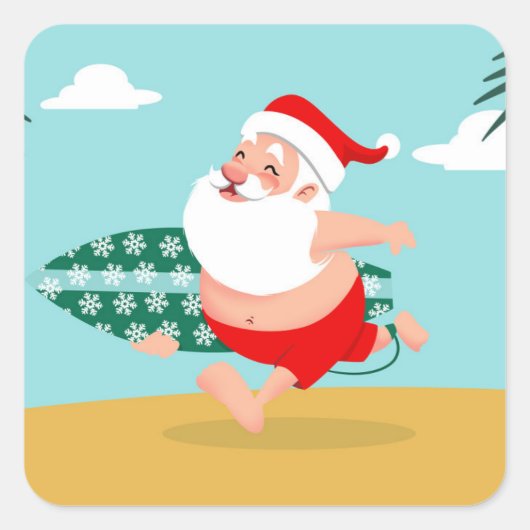 Santa at beach cartoon quadratischer aufkleber (Vorderseite)