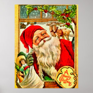 Santa at Window mit Tasche Spielzeug Poster