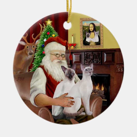 Santa at Zuhause - Zwei siamesische Katzen Keramikornament (Vorne)