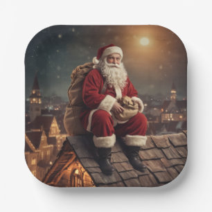 Santa auf dem Dach Pappteller