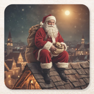 Santa auf dem Dach Rechteckiger Pappuntersetzer