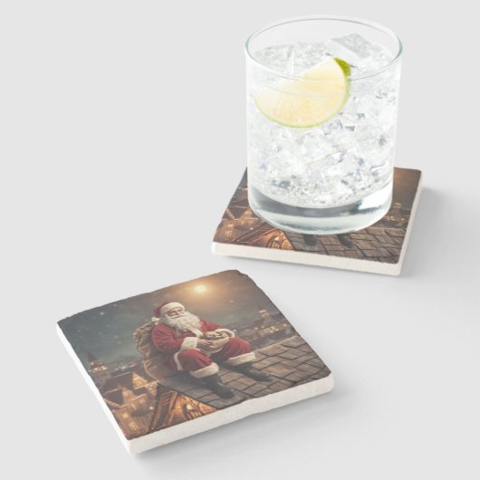 Santa auf dem Dach Steinuntersetzer (Seitenansicht)