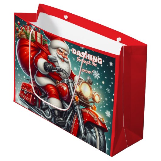 Santa auf einem Motorrad Große Geschenktüte (Vorderseite Schrägansicht)