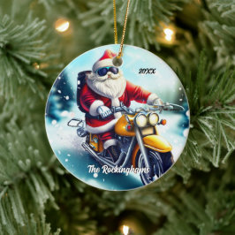 Santa auf einem Motorrad im Schnee Keramik Ornament