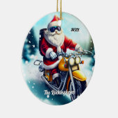 Santa auf einem Motorrad im Schnee Keramik Ornament (Rechts)