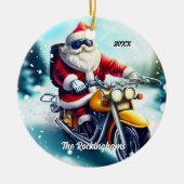 Santa auf einem Motorrad im Schnee Keramik Ornament (Vorne)