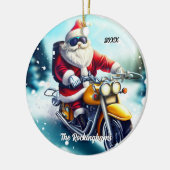 Santa auf einem Motorrad im Schnee Keramik Ornament (Links)