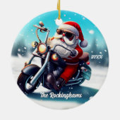 Santa auf einem Motorrad im Schnee Keramik Ornament (Hinten)