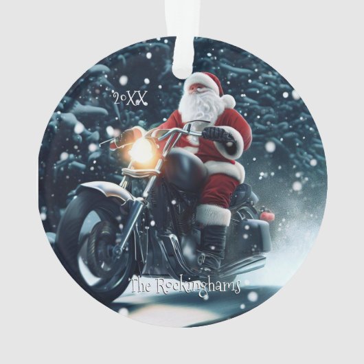 Santa auf einem Motorrad im Schnee Ornament (Rückseite)