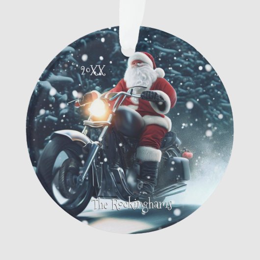 Santa auf einem Motorrad im Schnee Ornament (Vorderseite)