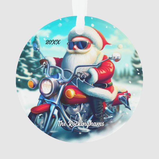 Santa auf einem Motorrad im Schnee Ornament (Rückseite)