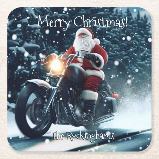 Santa auf einem Motorrad im Schnee Rechteckiger Pappuntersetzer (Vorderseite)