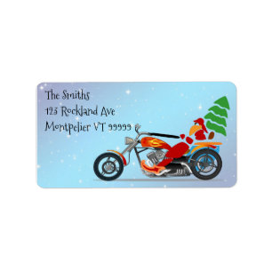 Santa auf einem Motorrad mit Weihnachtsbaum-Etiket Adressaufkleber