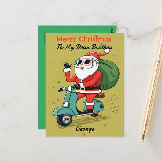 Santa auf einem Scooter mit Sonnenbrille und X-Mas Postkarte (Vorderseite/Rückseite Beispiel)