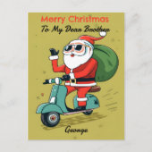 Santa auf einem Scooter mit Sonnenbrille und X-Mas Postkarte (Vorderseite)