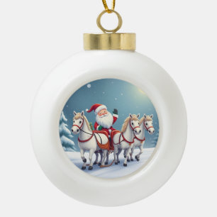 Santa auf einem von weißen Pferden gezogenen Schli Keramik Kugel-Ornament