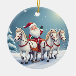 Santa auf einem von weißen Pferden gezogenen Schli Keramik Ornament