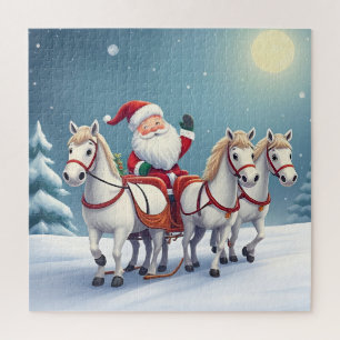 Santa auf einem von weißen Pferden gezogenen Schli Puzzle