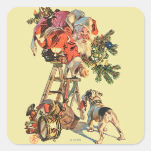 Santa auf einer Leiter Quadratischer Aufkleber