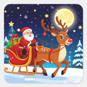 Santa auf Schlitten mit Rentieren unter Vollmond Quadratischer Aufkleber