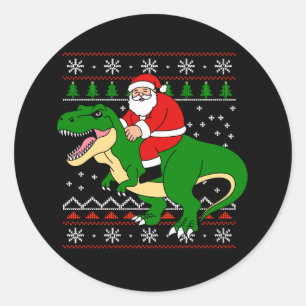 Santa auf T-Rex-Weihnachts-Dinosaurier hässliches Runder Aufkleber