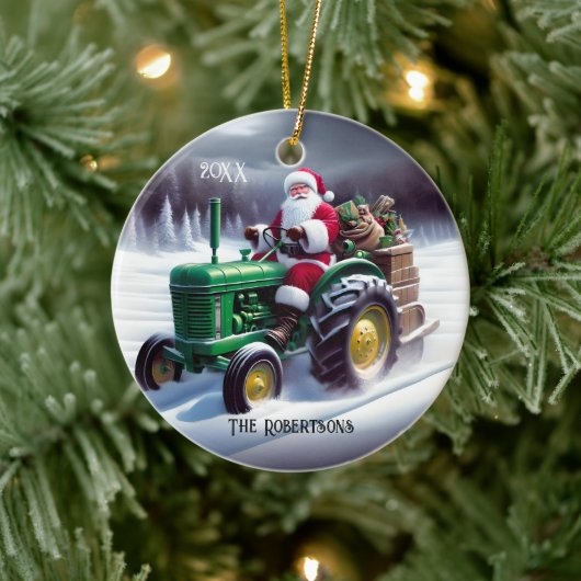 Santa Autofahren eines grünen Traktors Keramik Ornament (Baum)