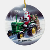 Santa Autofahren eines grünen Traktors Keramik Ornament (Vorne)