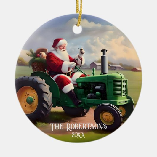 Santa Autofahren eines grünen Traktors Keramik Ornament (Vorne)