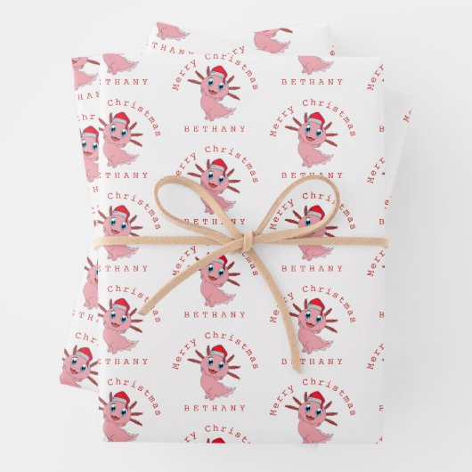 Santa Axolotl Niedliches Muster Name Frohe Weihnac Geschenkpapier Set (Beispiel)
