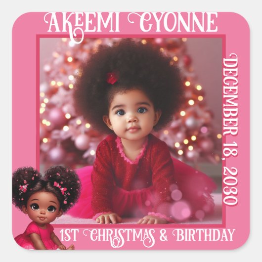 Santa Baby Afro Puff Säugling Foto Quadratischer Aufkleber (Vorderseite)