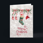 Santa Baby Bear Christmas Clothesline Bokeh Feiertagskarte<br><div class="desc">Adorable rote Weihnachtsjungfrau tragen Weihnachtskleidung auf dem Boden.</div>