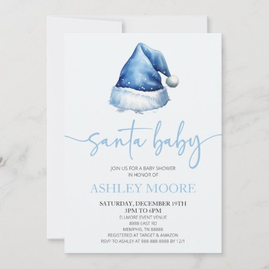 Santa Baby Blue Hat Weihnachtsferien Baby Dusche Einladung (Vorderseite)