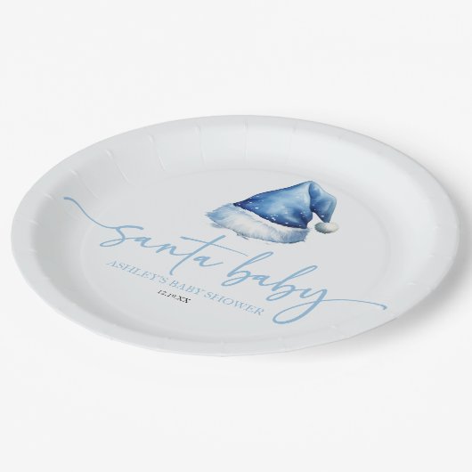 Santa Baby Blue Hat Weihnachtsferien Baby Dusche Pappteller (Schrägansicht)