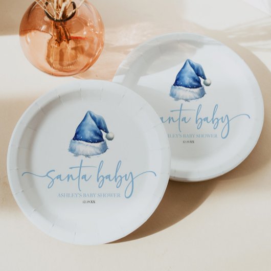 Santa Baby Blue Hat Weihnachtsferien Baby Dusche Pappteller