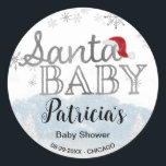 Santa Baby Christmas Baby Dusche Runder Aufkleber<br><div class="desc">Schöne Kalligraphie mit Schneeflocken,  winterbezogene Babydusche. Einfach mit Ihren Daten personalisieren. Karo der Auflistung,  um passende Elemente als Gehäusekarten zu finden.</div>