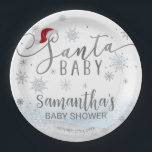 Santa Baby Christmas Boy Baby Dusche Pappteller<br><div class="desc">Schöne Kalligraphie mit Schneeflocken,  winterbezogene Babyduschplatte. Einfach mit Ihren Daten personalisieren. Karo der Auflistung,  um passende Elemente als Gehäusekarten zu finden.</div>