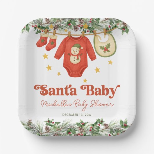 Santa Baby Christmas Clothesline Baby Shower Pappteller (Vorderseite)