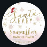 Santa Baby Christmas Girl Babydusche Runder Aufkleber<br><div class="desc">Schöne Kalligraphie mit Schneeflocken,  winterbezogener Babyduschaufkleber. Einfach mit Ihren Daten personalisieren. Karo der Auflistung,  um passende Elemente als Gehäusekarten zu finden.</div>