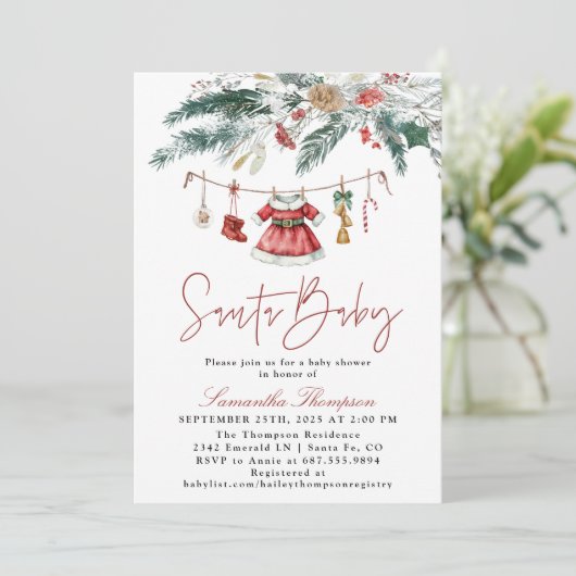 Santa Baby Christmas Winter Girl Baby Shower Einladung (Stehend Vorderseite)