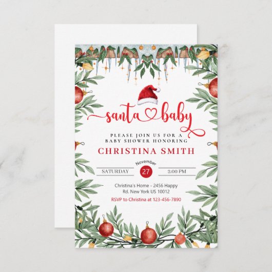Santa Baby Dusche Wasserfarbe Winter Baby Dusche Einladung (Vorne/Hinten)