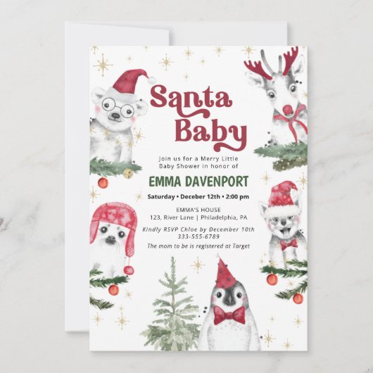 Santa Baby Duwer Animals Winter Einladung (Vorderseite)