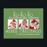 Santa Baby First Christmas Drei Fotos Postkarte<br><div class="desc">Wählen Sie drei Ihrer Lieblingsfotos aus, um diese Postkartenvorlage für das Christpas-Foto einzufügen. Ich wählte Grün, weil es sowohl für einen Jungen als auch für ein Mädchen funktioniert. Es sieht auch gut aus, wenn Sie Ihr Baby für Urlaubsfotos in rot anziehen. Helle und gemütliche moderne Schriftart laden zum ersten Geburtstag...</div>