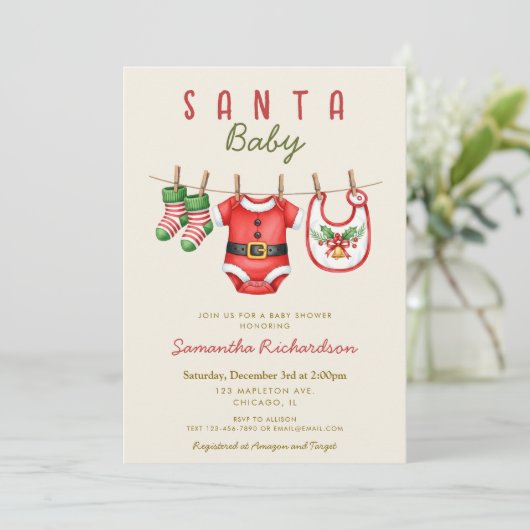 Santa Baby gender neutral Christmas baby shower Einladung (Stehend Vorderseite)