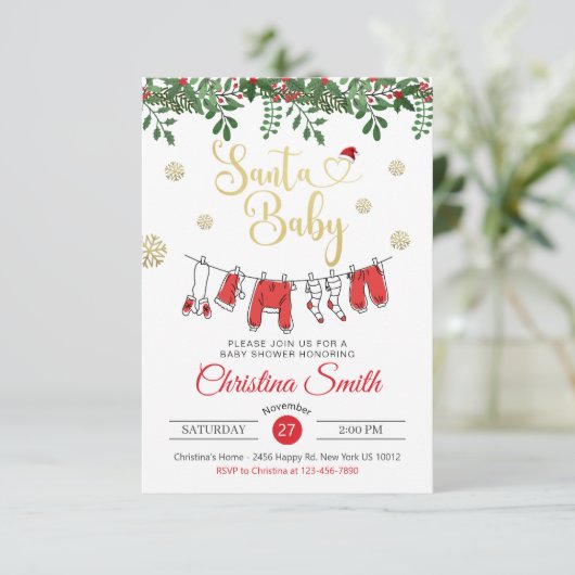Santa Baby Gold Snowflake Winter Baby Dusche Einladung (Stehend Vorderseite)